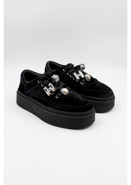 Kadın Kalın Taban Aksesuarlı Kadife Günlük Spor Ayakkabı GJ475 - Siyah - 36 modelleri