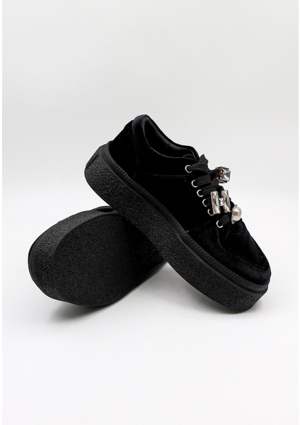 Kadın Kalın Taban Aksesuarlı Kadife Günlük Spor Ayakkabı GJ475 - Siyah - 36 fırsatları