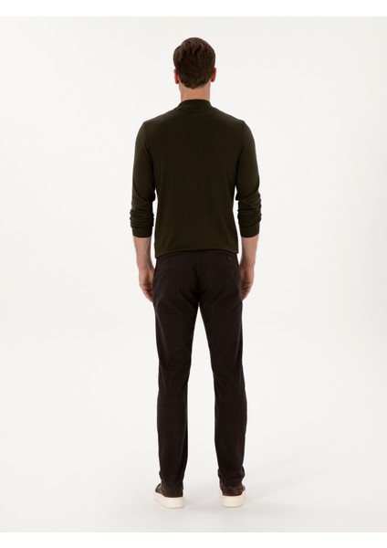 Erkek Koyu Kahverengi Slim Fit Pamuk Karışımlı Armürlü Kanvas Pantolon 50311720-VR084