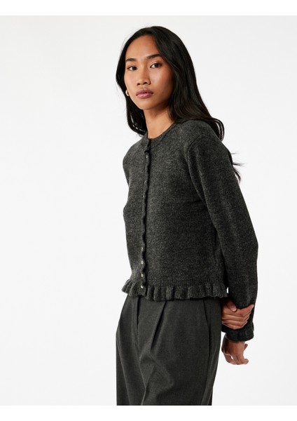 Fırfır Detaylı Uzun Kollu Bisiklet Yaka Triko Hırka