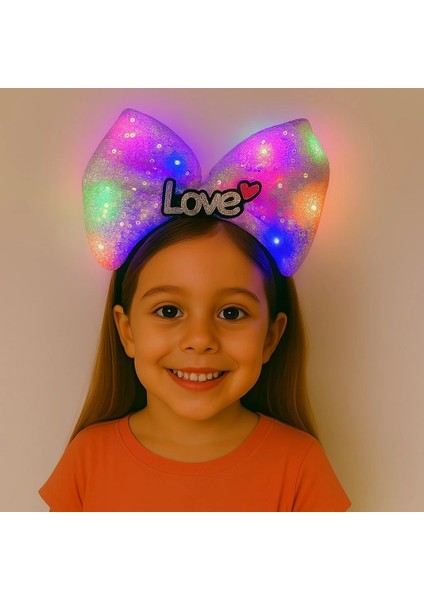 LED Işıklı Love Yazılı Mor Fiyonk Taç – Kız Çocuk Parti Tacı (5047)