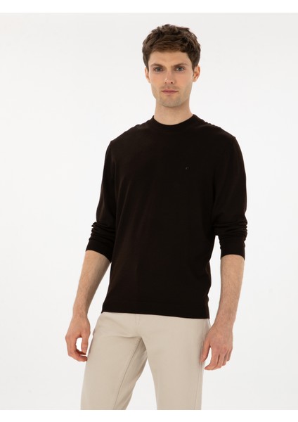 Erkek Kahverengi Slim Fit Yün Karışımlı Çeyrek Balıkçı Basic Triko Kazak 50315295-VR029