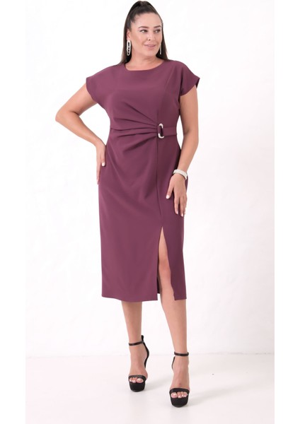 Kadın Mürdüm Bisiklet Yaka Aksesuar Detay Midi Elbise
