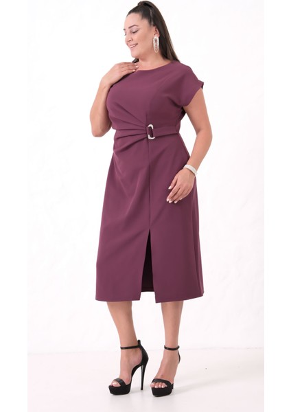 Kadın Mürdüm Bisiklet Yaka Aksesuar Detay Midi Elbise fiyatları