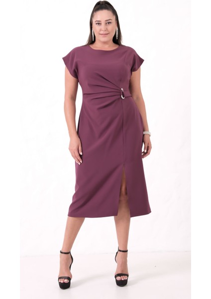 Kadın Mürdüm Bisiklet Yaka Aksesuar Detay Midi Elbise modelleri