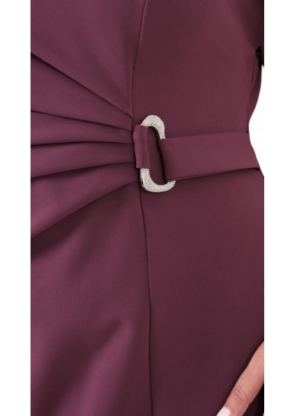 Kadın Mürdüm Bisiklet Yaka Aksesuar Detay Midi Elbise fırsatları