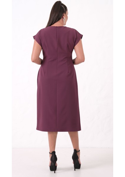 Kadın Mürdüm Bisiklet Yaka Aksesuar Detay Midi Elbise indirimleri