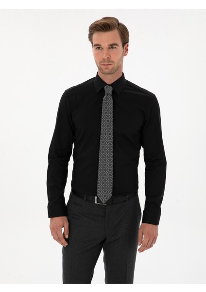 Erkek Siyah Slim Fit Pamuk Karışımlı Gömlek 50314589-VR046