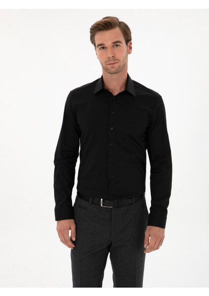 Erkek Siyah Slim Fit Pamuk Karışımlı Gömlek 50314589-VR046 modelleri