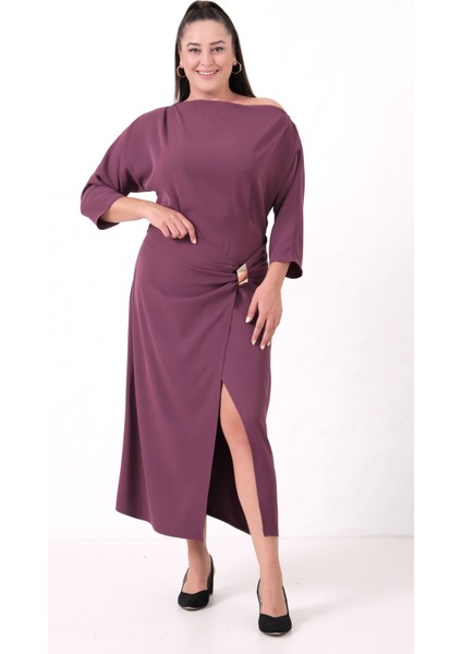 Kadın Mürdüm Aksesuar Detay Midi Davet Elbise