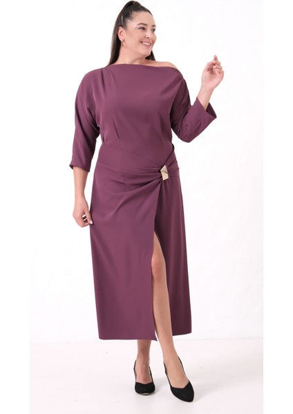 Kadın Mürdüm Aksesuar Detay Midi Davet Elbise fiyatları