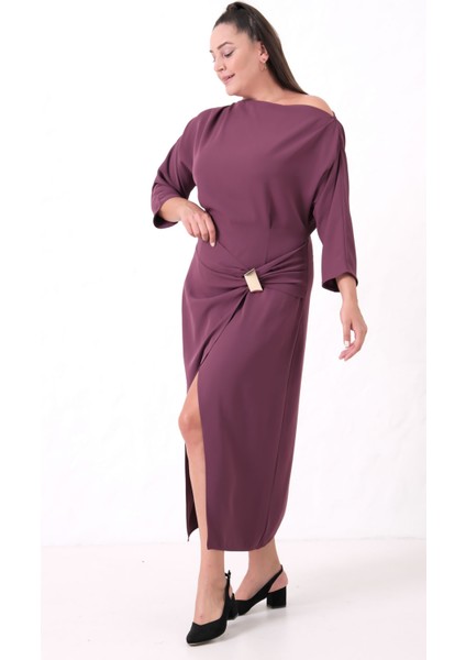 Kadın Mürdüm Aksesuar Detay Midi Davet Elbise modelleri