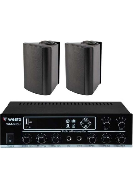 2 Adet 6,5'' Profesyonel Cafe, Okul , Mağaza Ses Sistemi, Amfi ve Hoparlör Hazır Set Siyah