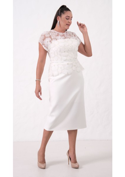 Kadın Beyaz Dantelli Midi Abiye Elbise fiyatları