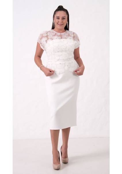 Kadın Beyaz Dantelli Midi Abiye Elbise modelleri