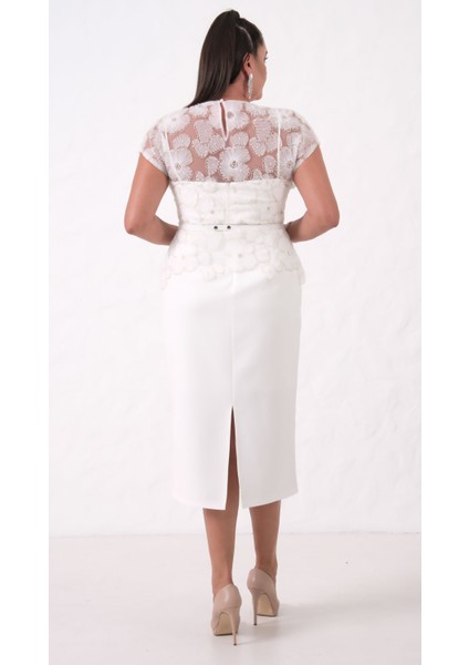 Kadın Beyaz Dantelli Midi Abiye Elbise indirimleri