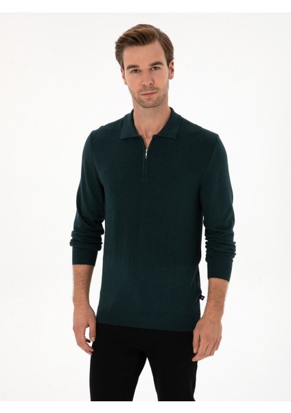 Erkek Koyu Yeşil Regular Fit Yün Karışımlı Fermuarlı Polo Yaka Triko Kazak 50311854-VR079