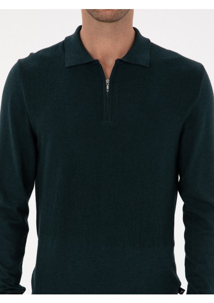 Erkek Koyu Yeşil Regular Fit Yün Karışımlı Fermuarlı Polo Yaka Triko Kazak 50311854-VR079