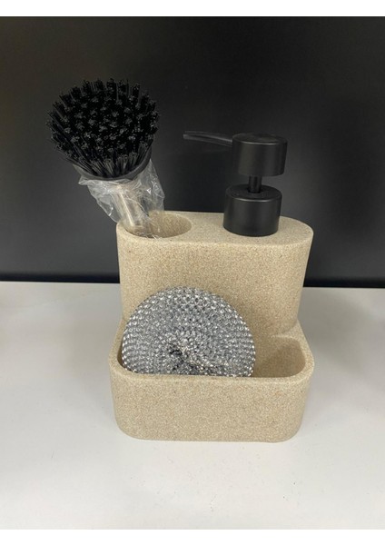 Polyresin Mermer Desenli Tezgah Üstü Sıvı Sabunluk – Fırçalı ve Süngerli Deterjanlık