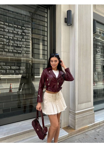 Kadın Kısa Crop Suni Deri Biker Ceket – Bordo