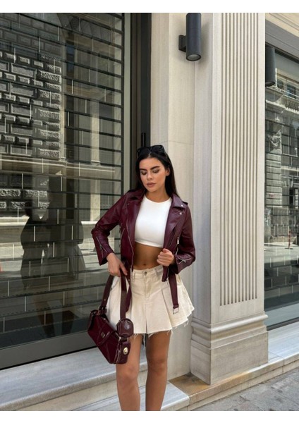 Kadın Kısa Crop Suni Deri Biker Ceket – Bordo modelleri