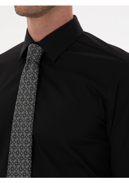 Erkek Siyah Slim Fit Pamuk Karışımlı Gömlek 50314589-VR046