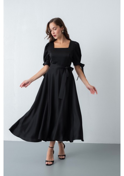 Kadın Siyah Fiyonk Detay Midi Elbise
