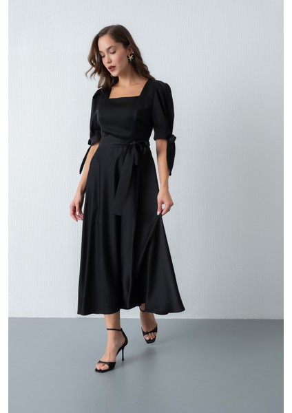 Kadın Siyah Fiyonk Detay Midi Elbise fiyatları