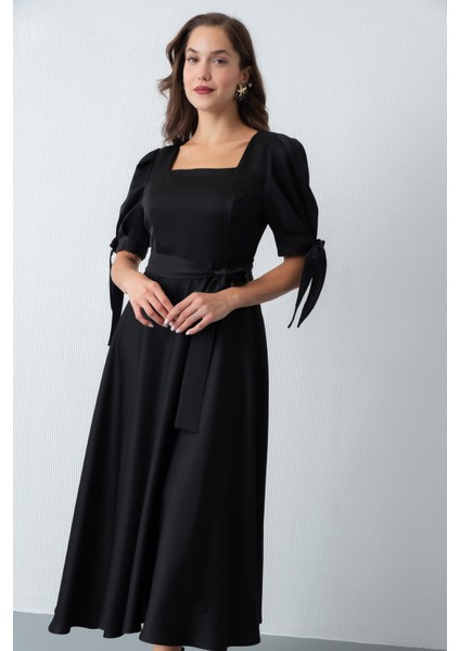 Kadın Siyah Fiyonk Detay Midi Elbise modelleri