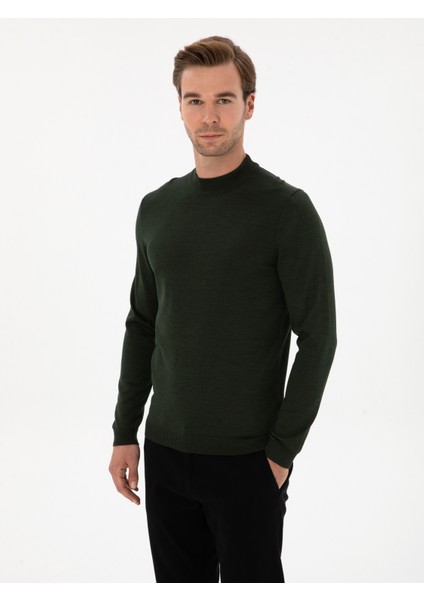 Erkek Koyu Yeşil Slim Fit Yün Karışımlı Çeyrek Balıkçı Basic Triko Kazak 50315295-VR079