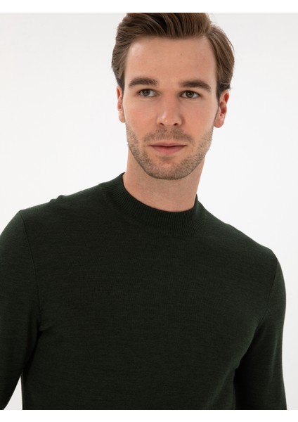 Erkek Koyu Yeşil Slim Fit Yün Karışımlı Çeyrek Balıkçı Basic Triko Kazak 50315295-VR079 fiyatları