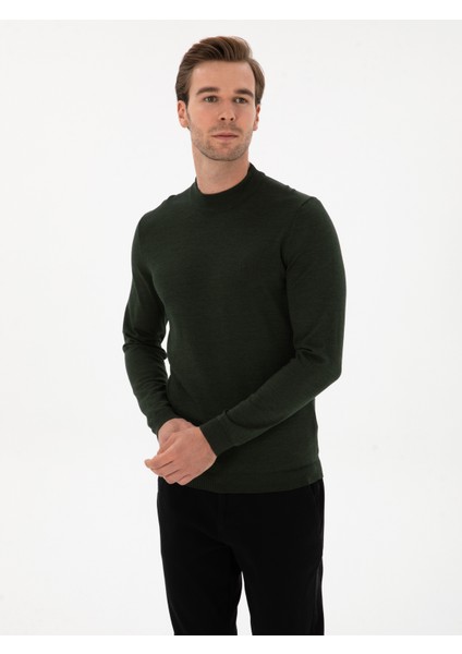 Erkek Koyu Yeşil Slim Fit Yün Karışımlı Çeyrek Balıkçı Basic Triko Kazak 50315295-VR079 modelleri