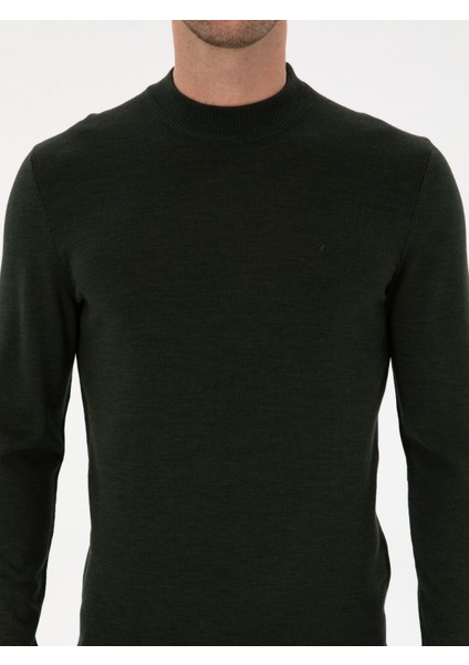 Erkek Koyu Yeşil Slim Fit Yün Karışımlı Çeyrek Balıkçı Basic Triko Kazak 50315295-VR079