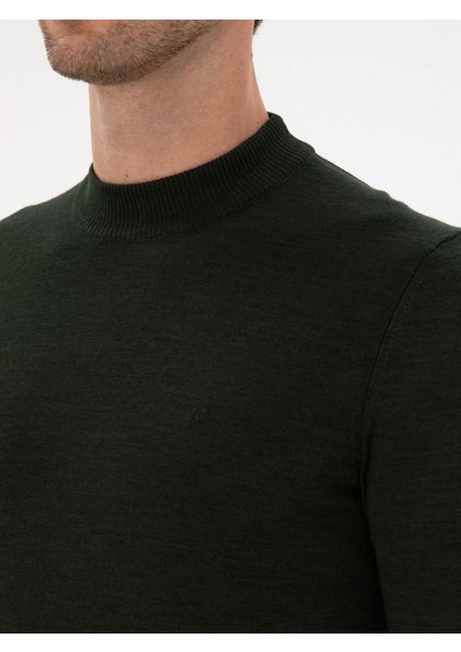 Erkek Koyu Yeşil Slim Fit Yün Karışımlı Çeyrek Balıkçı Basic Triko Kazak 50315295-VR079