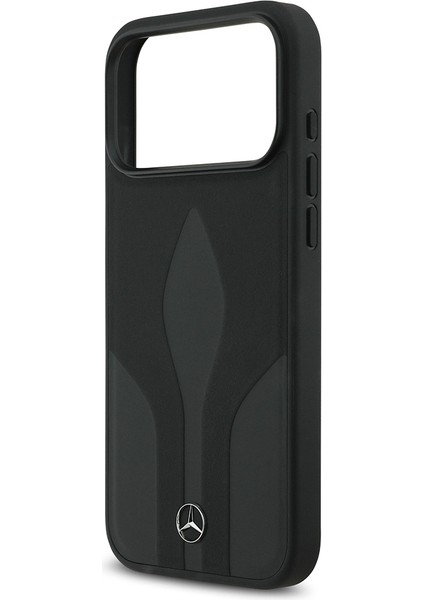 iPhone 17 Pro Max Uyumlu Kılıf Mercedes Benz Lisanslı M-Safe Şarjlı Dokulu Desenli Deri Kapak Siyah