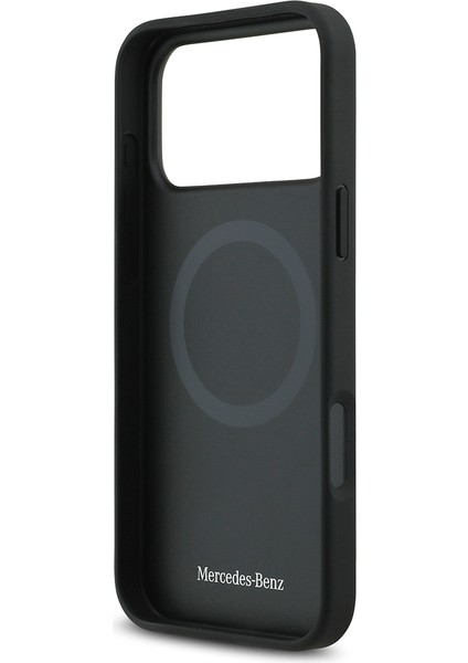 iPhone 17 Pro Max Uyumlu Kılıf Mercedes Benz Lisanslı M-Safe Şarjlı Dokulu Desenli Deri Kapak Siyah
