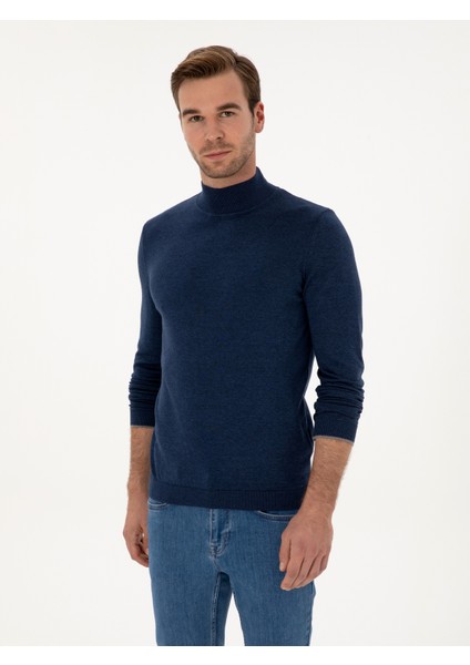 Erkek İndigo Slim Fit Pamuk Karışımlı Yarım Balıkçı Yaka Triko Kazak 50318677-VR028