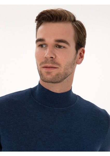 Erkek İndigo Slim Fit Pamuk Karışımlı Yarım Balıkçı Yaka Triko Kazak 50318677-VR028 fiyatları