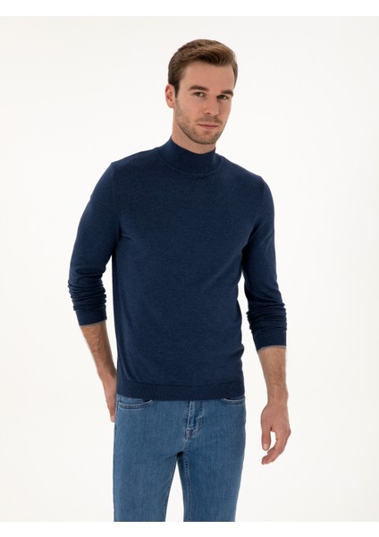 Erkek İndigo Slim Fit Pamuk Karışımlı Yarım Balıkçı Yaka Triko Kazak 50318677-VR028 modelleri