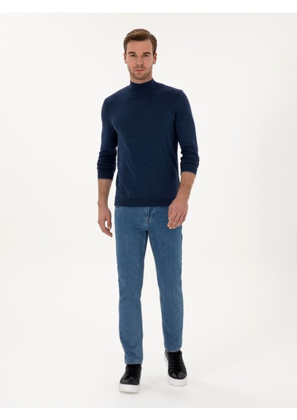 Erkek İndigo Slim Fit Pamuk Karışımlı Yarım Balıkçı Yaka Triko Kazak 50318677-VR028 fırsatları