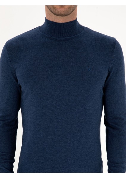 Erkek İndigo Slim Fit Pamuk Karışımlı Yarım Balıkçı Yaka Triko Kazak 50318677-VR028