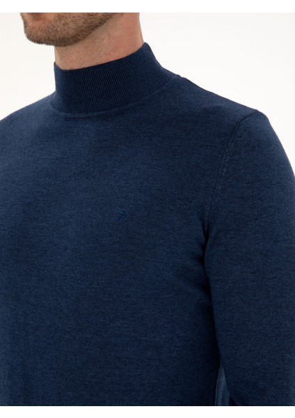 Erkek İndigo Slim Fit Pamuk Karışımlı Yarım Balıkçı Yaka Triko Kazak 50318677-VR028