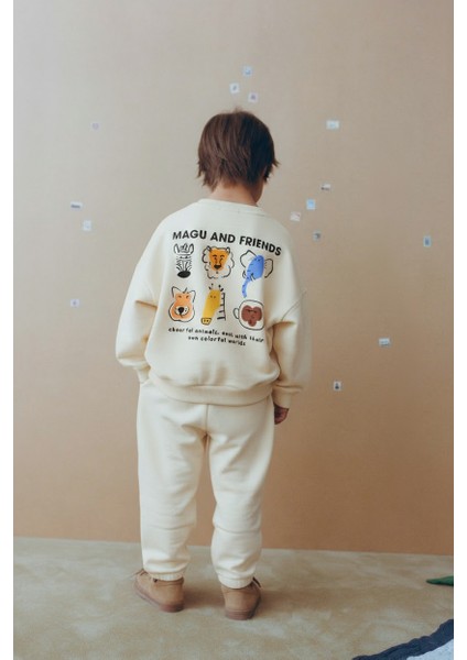 Unisex Çocuk Pamuklu Ekru Magu And Friends Baskılı Sweatshirt Eşofman Alt-Üst Takım