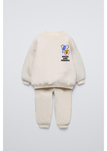 Unisex Çocuk Pamuklu Ekru Magu And Friends Baskılı Sweatshirt Eşofman Alt-Üst Takım modelleri