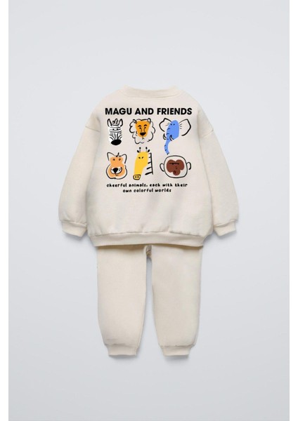 Unisex Çocuk Pamuklu Ekru Magu And Friends Baskılı Sweatshirt Eşofman Alt-Üst Takım fırsatları