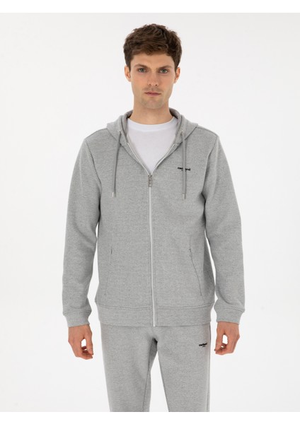 Erkek Gri Melanj Regular Fit Pamuk Karışımlı Tam Fermuarlı Sweatshirt 50309803-VR086