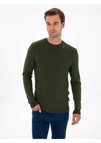 Erkek Koyu Haki Slim Fit Yün Karışımlı Bisiklet Yaka Triko Kazak 50311867-VR111