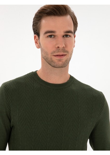Erkek Koyu Haki Slim Fit Yün Karışımlı Bisiklet Yaka Triko Kazak 50311867-VR111 fiyatları