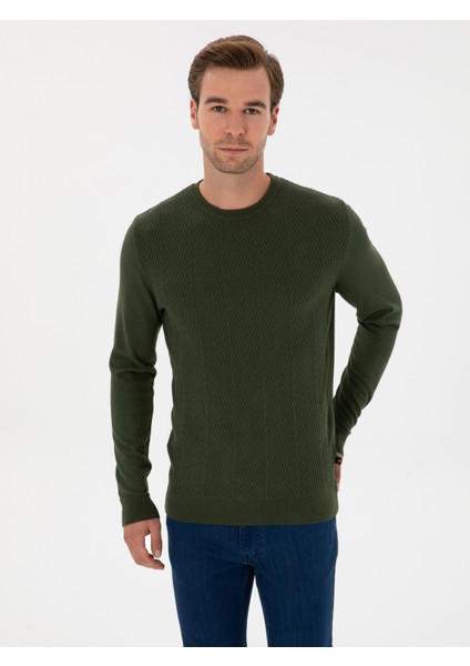 Erkek Koyu Haki Slim Fit Yün Karışımlı Bisiklet Yaka Triko Kazak 50311867-VR111 modelleri