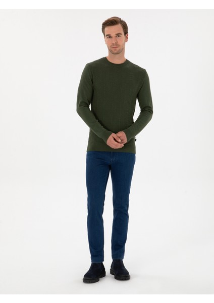 Erkek Koyu Haki Slim Fit Yün Karışımlı Bisiklet Yaka Triko Kazak 50311867-VR111 fırsatları